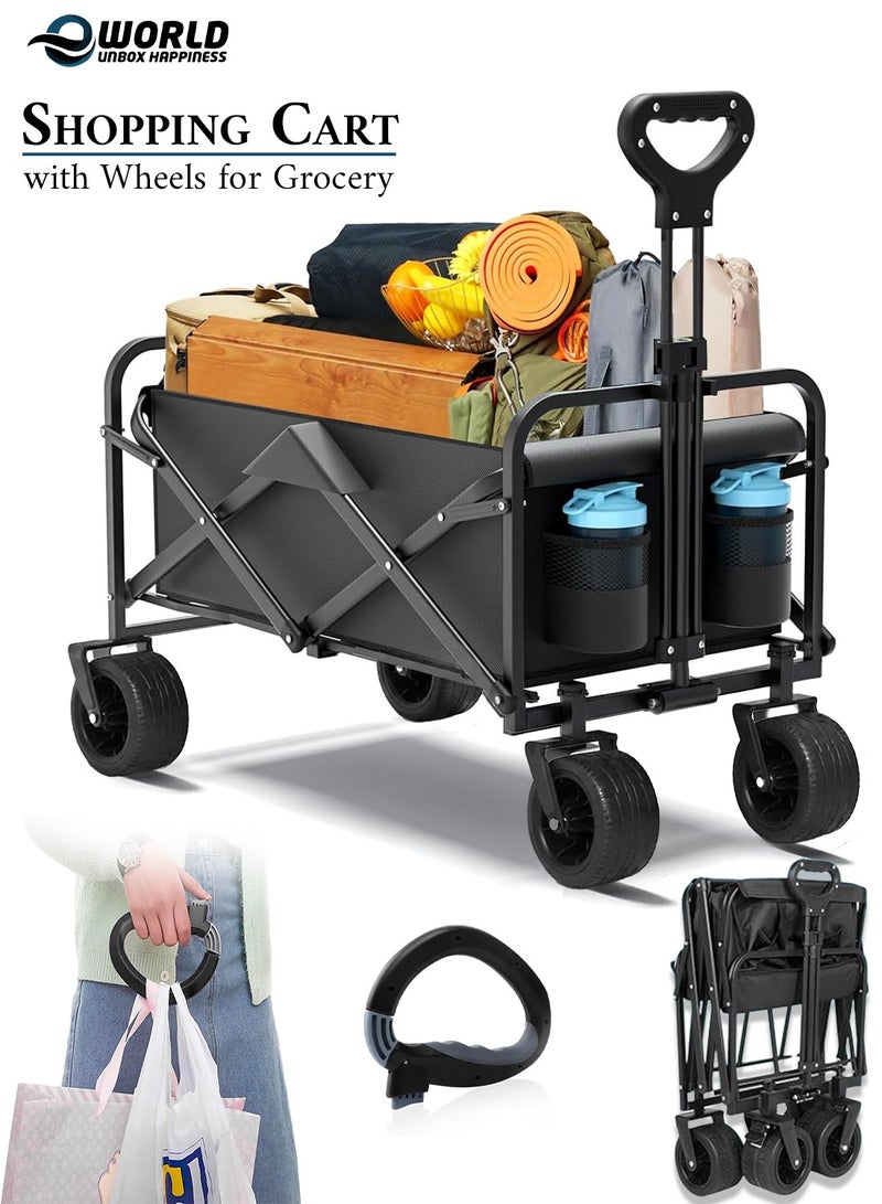 إي وورلد عربة تسوق قابلة للطي – عربة متعددة الاستخدامات شديدة التحمل بسعة 150kg، مع مقبض قابل للتعديل، وجيبين، وعجلات دوارة بزاوية 360°، قماش مقاوم للماء، مدمجة للبحر، والتخييم، والحديقة، والاستخدام اليومي – اللون الأسود - Image 1